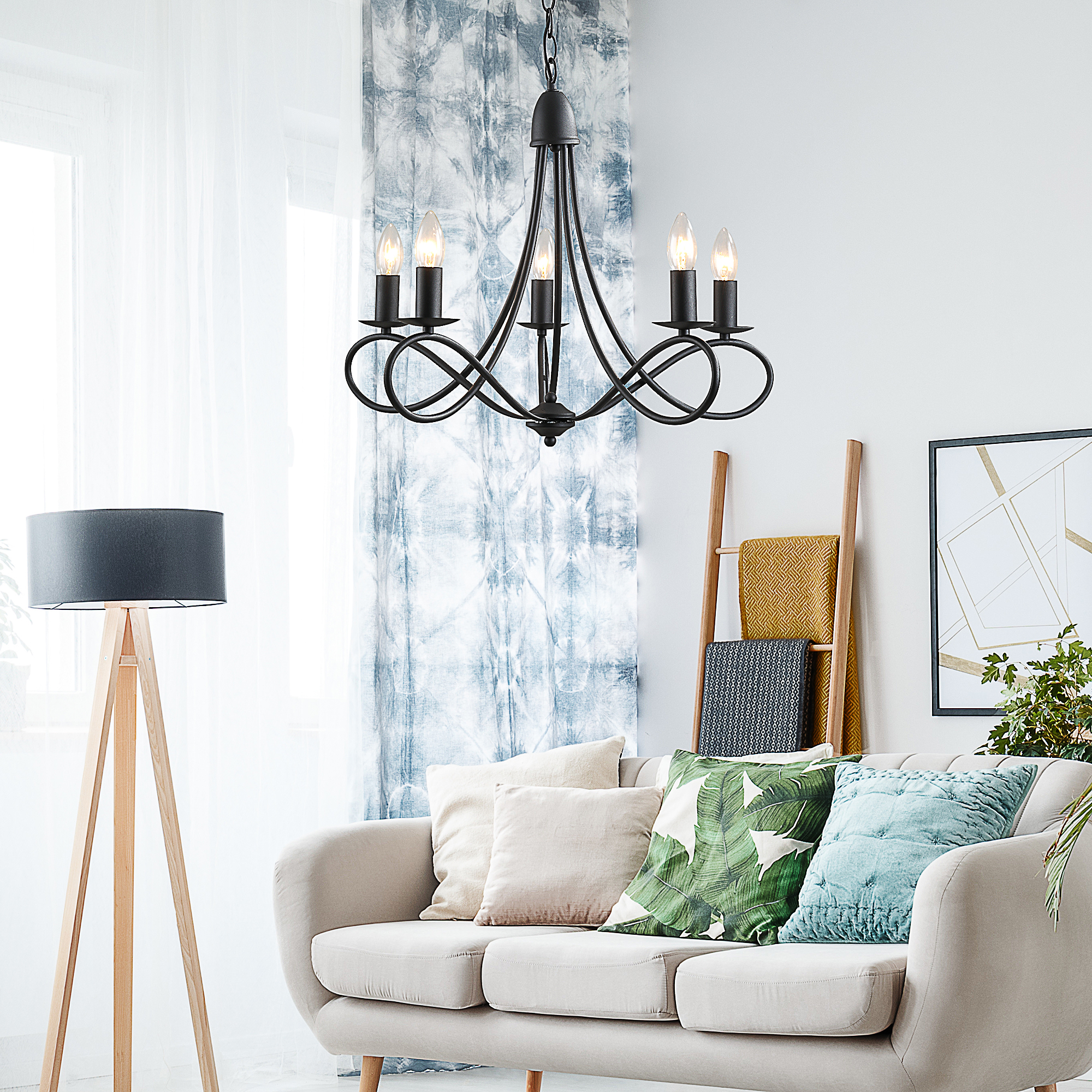 Homcom Lampadario con 5 candelieri pieghevole altezza regolabile vintage in acciaio nero Diametro 58 x 45cm Aosom