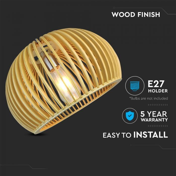 V-Tac Vt-3200 Lampadario Led Portalampada E27 Pendente Finitura In Legno Orientale Rotondo 330*220mm - 40531