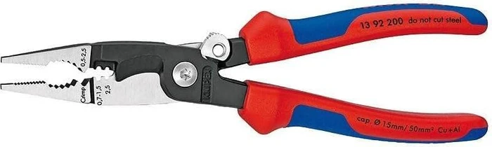 Knipex Elektro-Installationszange 13 92 200 (rot/blau, schlanke Bauform, geschraubtes Gelenk, aktive Sperrklinge)