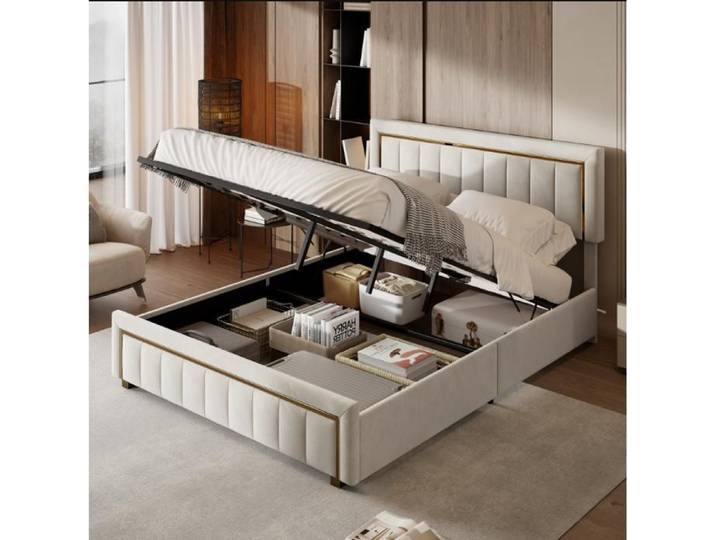 Lit Adulte Hydraulique 140x200 cm - Velours Blanc Cassé - Rangement Intégré - Design Luxe - 2 Places
