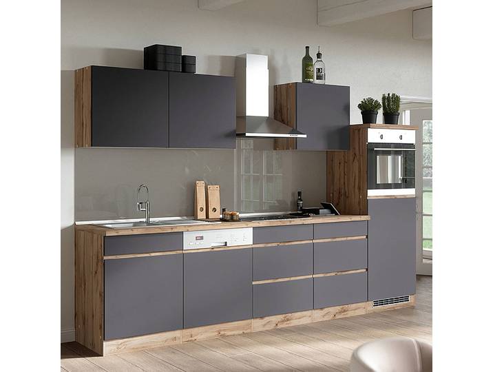 Küchenzeile Turin Kombi C 300cm Braun/Grau/Grau/Wotaneiche Dekor Glaskeramik mit Elektrogeräten