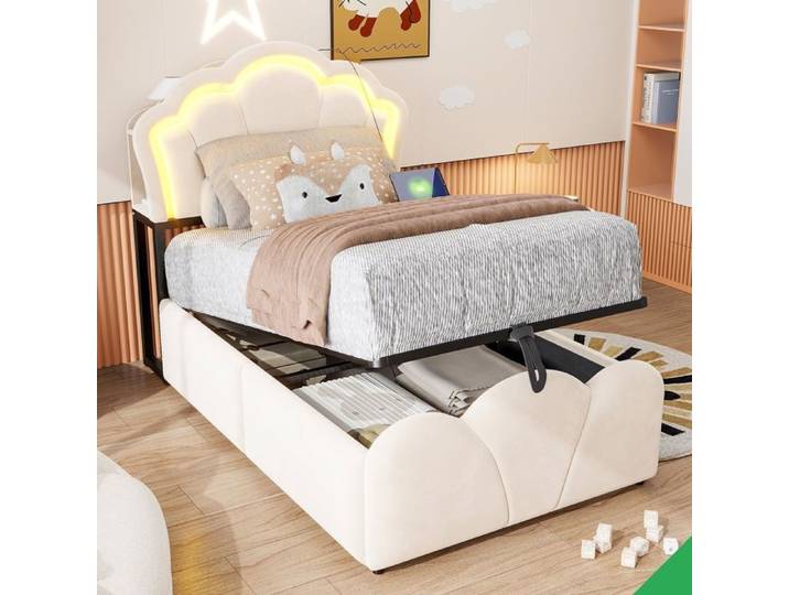 Lit coffre 90x200 avec rangement hydraulique et LED pour chambre adulte