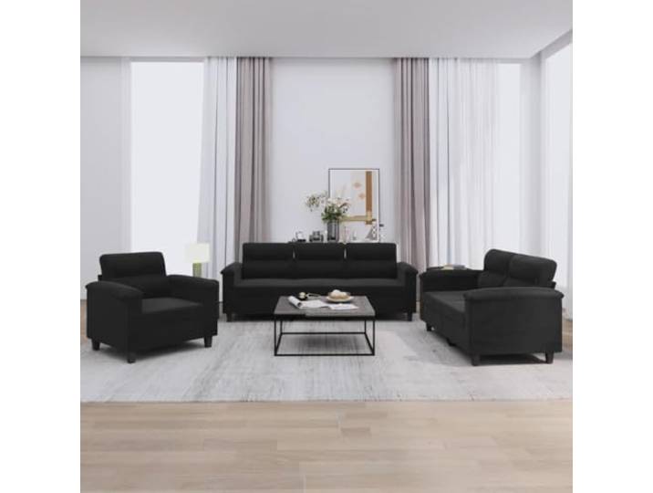 HEFZGDB 3-TLG. Sofagarnitur mit Kissen Schwarz Mikrofasergewebe Langlebig Robust Bequem Sitzgruppe Polstermöbel Wohnzimmer