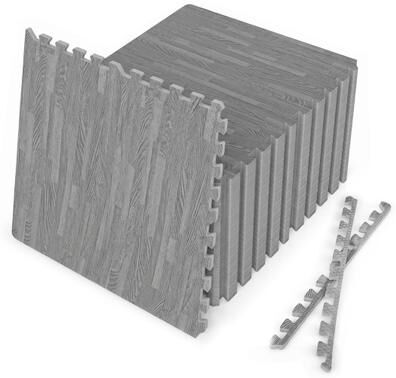 Costway 25 Tiles Wood Grain Foam Floor Mats with Borders-Gray