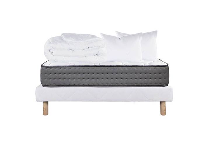 ZENITH - Pack Matelas + Sommier Tapissier Blanc 140x190 cm + 2 Oreillers + 1 Couette