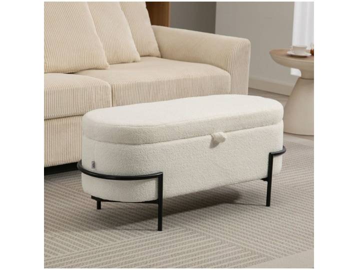 Banquette Coffre de Rangement avec Assise Rembourrée et Couvercle à Charnières en Polyester et Acier Blanc Crème
