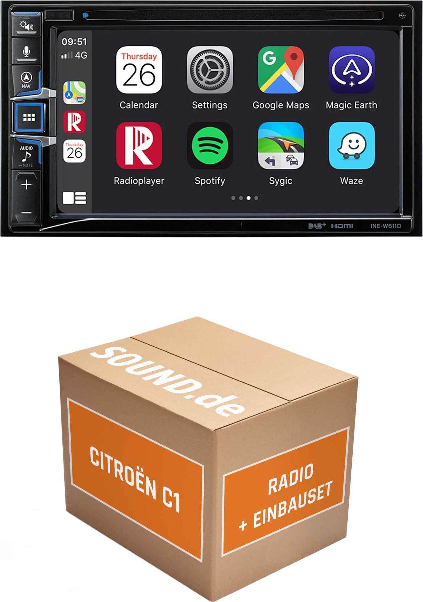 Autoradio Einbaupaket Alpine INE-W611D passend für Citroen C1 | Navigationssystem CD-/DVD-Laufwerk