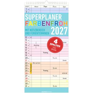 Alpha Familienplaner 113101, Superplaner Farbenfroh, Jahr 2027, 1 Monat auf 1 Seite, mit 4 Spalten, 22 x 45cm