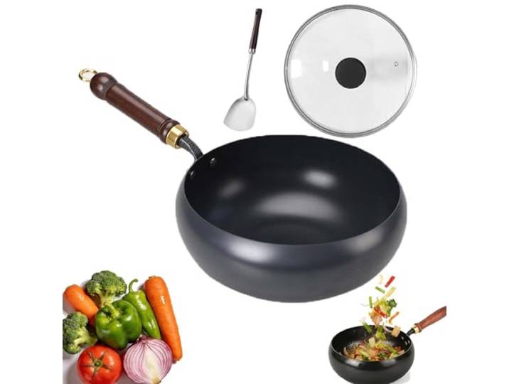 Leyof Tsubame Sanjo Pfanne, 2026 Neu Japanische Tsubame-Sanjo Meister Pfanne, Unbeschichtet, Handgefertigt zum Kochen, Braten, Induktionsgeeignet mit Holzgriff, Deckel Kochen (28 cm,Glasdeckel * B)