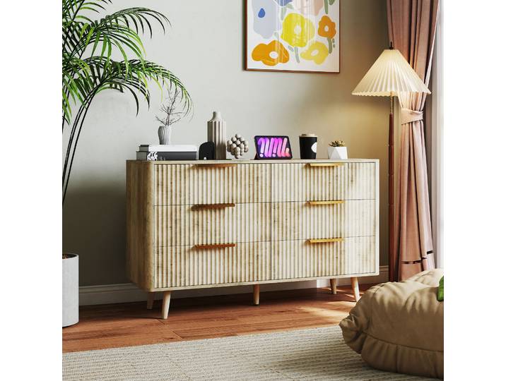 HOMCOM Commode 6 Tiroirs Chêne Pieds Pin 120x40x76cm