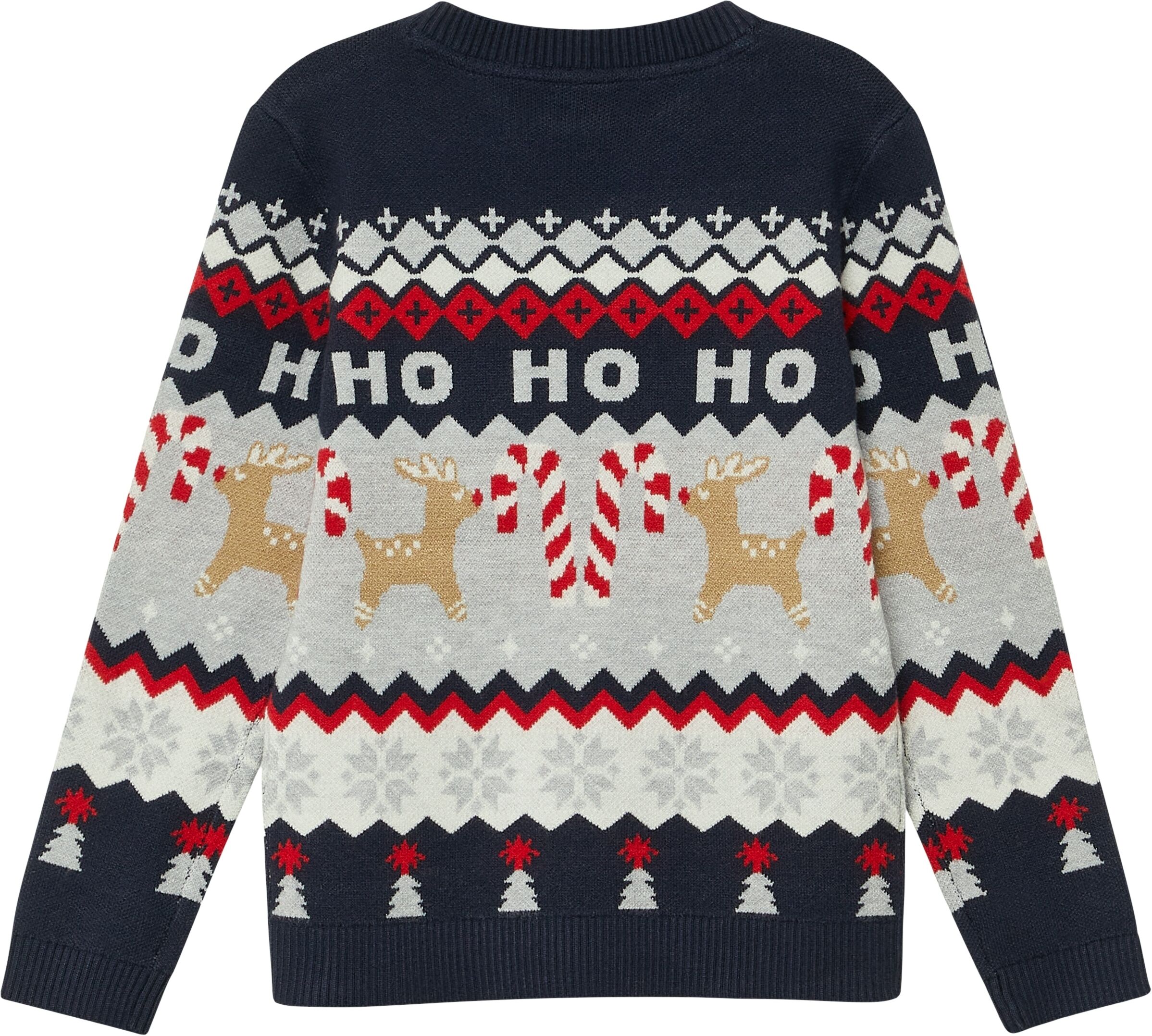 Weihnachtspullover S.OLIVER JUNIOR, Jungen, Gr. 128/134, bunt (dunkelblau, grau), Strick, Obermaterial: 52% Viskose, 28% Polyester, 20% Polyamid, regular fit hüftlang, Rundhals, Strickbündchen, Pullover Weihnachtspullover, mit Rundhalsausschnitt, Intarsie