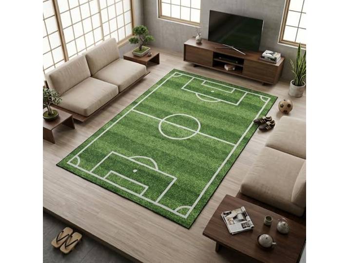petour Fußball-Sportteppich, 160 x 240 cm, Grün, Fußballplatz, Spielmatte für Spielzimmer, Wohnzimmer, Schlafzimmer
