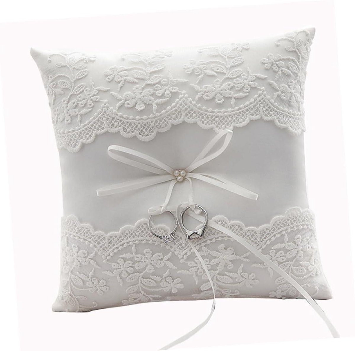 Beige Bruiloft Ringkussen met Kant Lint - 21 x 21 cm