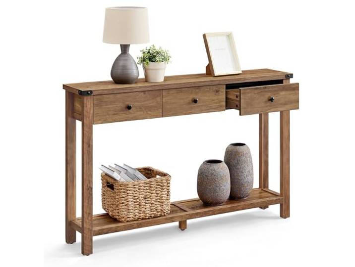 VASAGLE Konsolentisch Schmal, mit Schubladen, 120 x 24 x 76 cm Flurtisch aus Holz, Beistelltisch, für Flur und Wohnzimmer, Modern Farmhouse, Gelbbraun, Schwarz, LIRY Kollektion LNT142K41