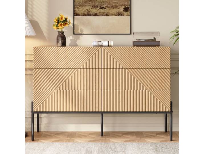 Buffet en bois rétro Buffet bas Meuble de rangement Buffet de salon Commode 6 tiroirs MDF Pieds en métal 115.5x38x75 cm