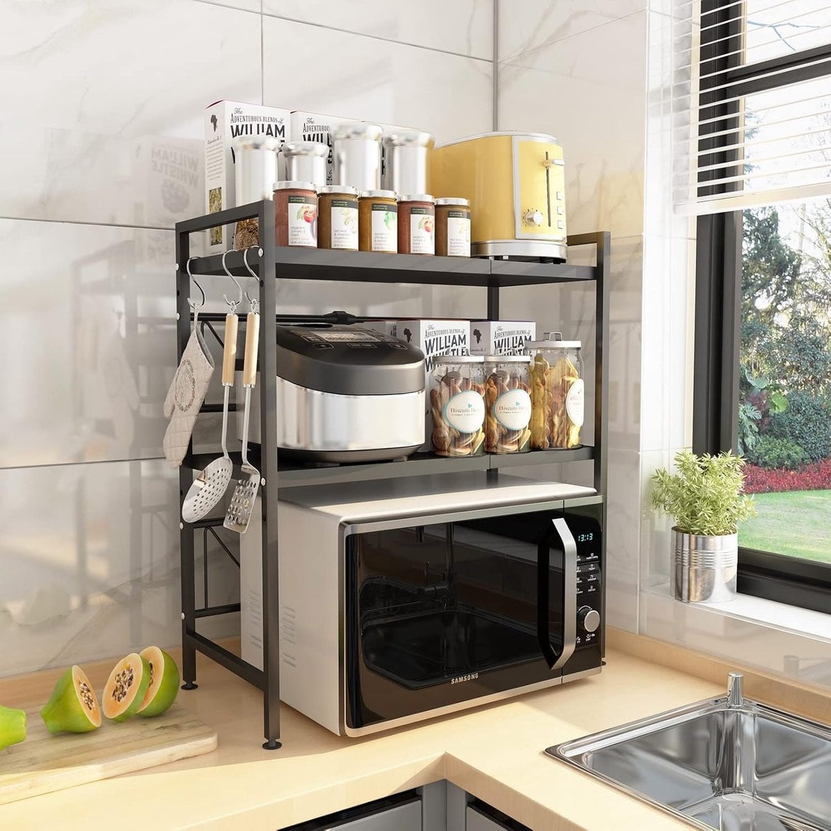 Verstelbaar magnetronrek met 2 etages en ophangstang voor in de keuken of op je home office