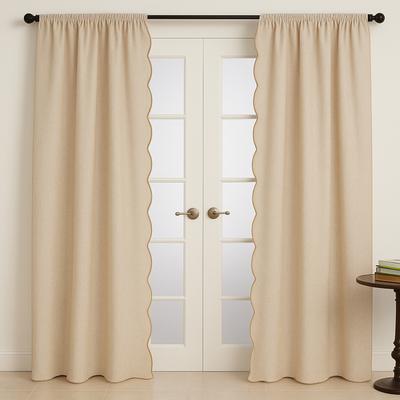 Saro Lifestyle Scalloped Linen-Blend Window Curtain Panel - Soft Neutral Drapery for Living Room, Bedroom & French Door Styling