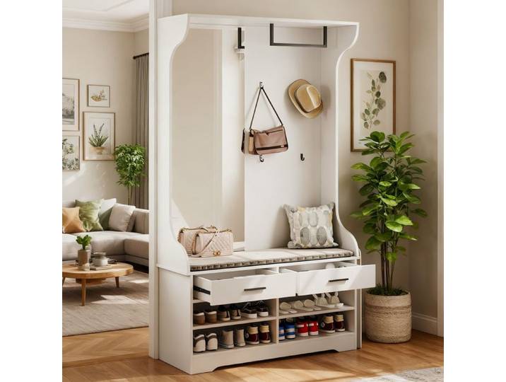 Porte-Manteau Entrée - LEWW - Meuble d'entrée - avec Armoire À Chaussures Miroir Crochets Banc à Chaussures - 100X35X180cm
