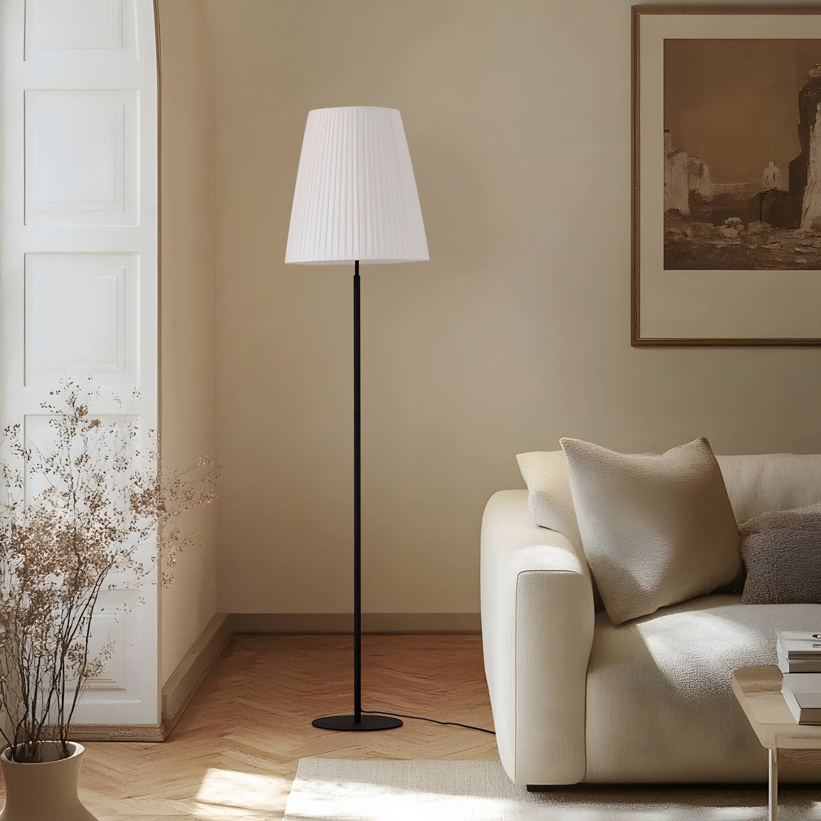 Floor Lamp Virelle Lindby, White / opal, Living / Dining Room, Textile / fabric / silk, Modern, Floor Lamp
