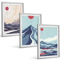 BILDER SET 3er Set - 40x60 cm Silberner Rahmen - Abstrakte japanische Berge