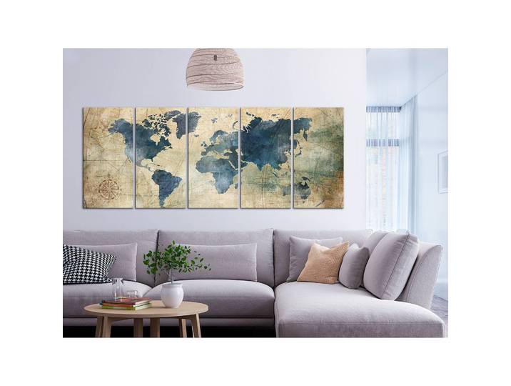 Wandbild Retro Map 5-teilig Leinen Grün 225 x 90cm