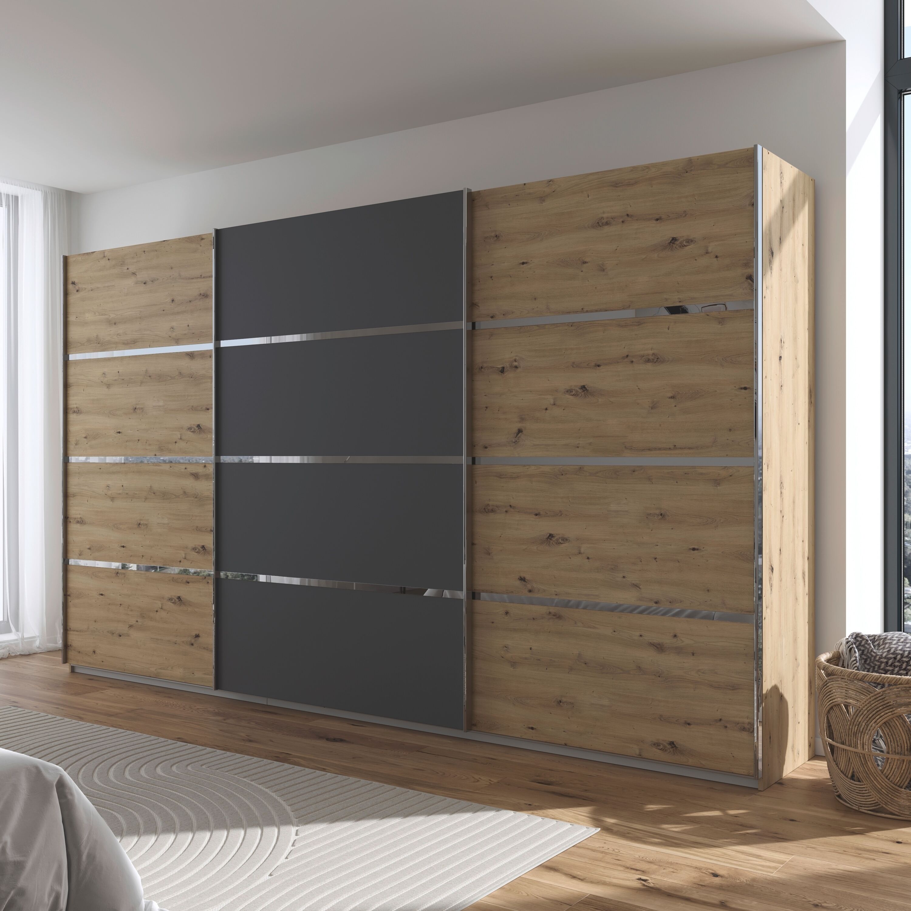 Kleiderschrank OTTO HOME "Mehrzweckschrank Aktenschrank Möbel Mietswohnung Schlafzimmer AVOLA", grau (eiche artisan, graumetallic, leisten chrom), B:360cm H:210cm T:62cm, Holzwerkstoff, Schränke, Kleiderschrank, mit eleganten Zierleisten in Chrom, Schwarz