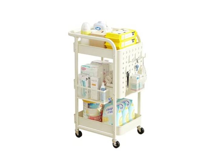 HRGKLMN Servierwagen Mit Rollen Und Haken, 3-Tier Bastelwagen Für Küche, Multifunktionaler Rollwagen Schmal Für Haushaltsartikel Lebensmittel Und Bürozubehör,Beige