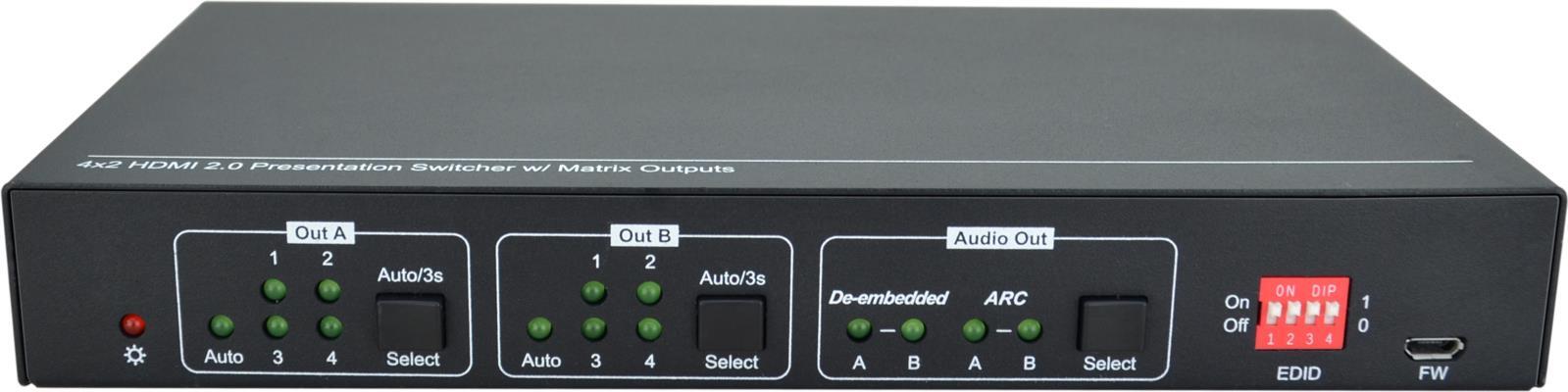 Vivolink VLHDMIMAT4X2RS, Skalierungs-Matrix-Schalter, 3840 x 2160 Pixel, 18 Gbit/s, PCM, Schwarz, Tasten