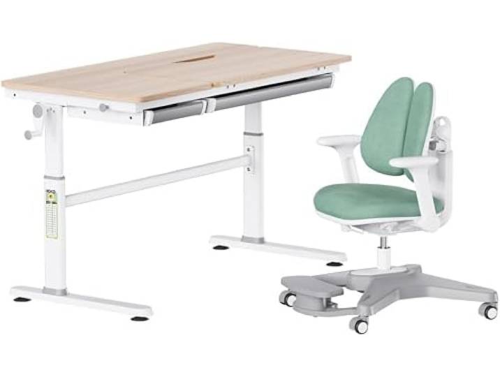 HOKO Kinderschreibtisch Set höhenverstellbar, Kinderstuhl für Kinderzimmer 120x60 cm Arbeitsfläche mit neigbare Tischplatte, Kinderstuhl mit vielseitig verstellbaren, Holzoptik-Grün, CELIN & ANTON