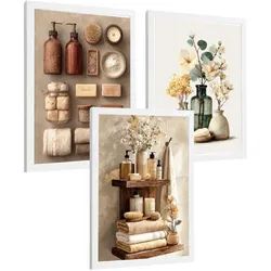 POSTER 3er-Set dekorative Badezimmerdrucke, natürlicher Spa-Stil, minimalistische Bilder mit Blumen Zen-Poster, Wohndekoration Weißer Rahmen A3