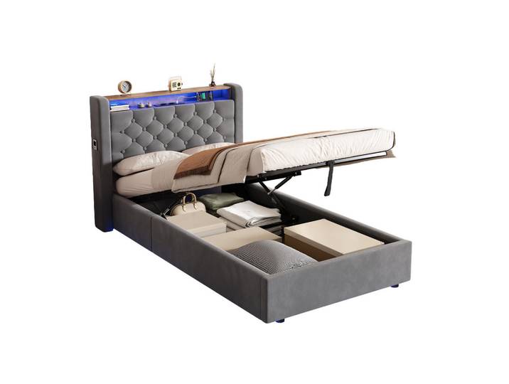 Okmyhome Polsterbett 90/190 cm Grau, Holländischer Velours, Led, USB+Type-C, Ablagekopfteil, Rechteckig, 90x190 cm, Schlafzimmer, Betten, Polsterbetten