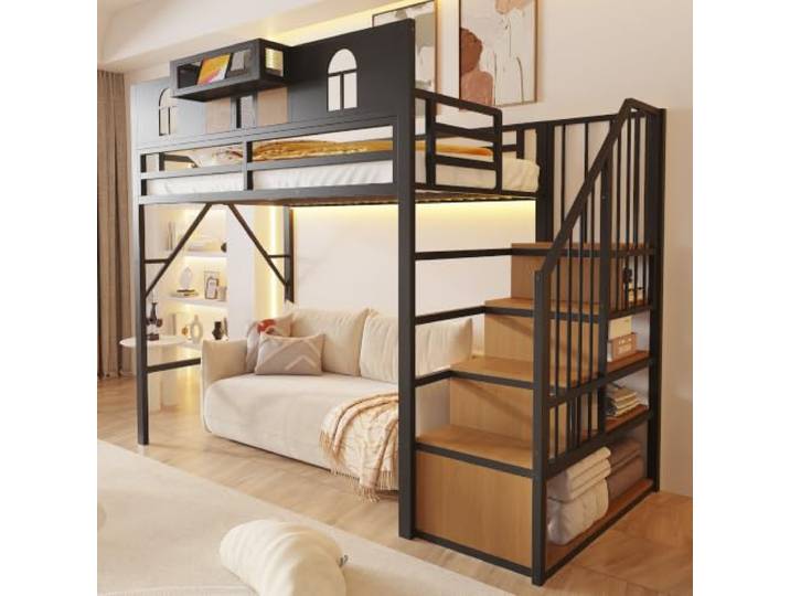 DUlVBPE Metall-Hochbett 90 x 200 cm, Mit Stauraumleiter und Lichtleiste, Mit Ablagefach, Fenster, Holzplatten und Metallgitterelementen, Erhöhte Umzäunung, Stabiler Metallrahmen, Schwarz