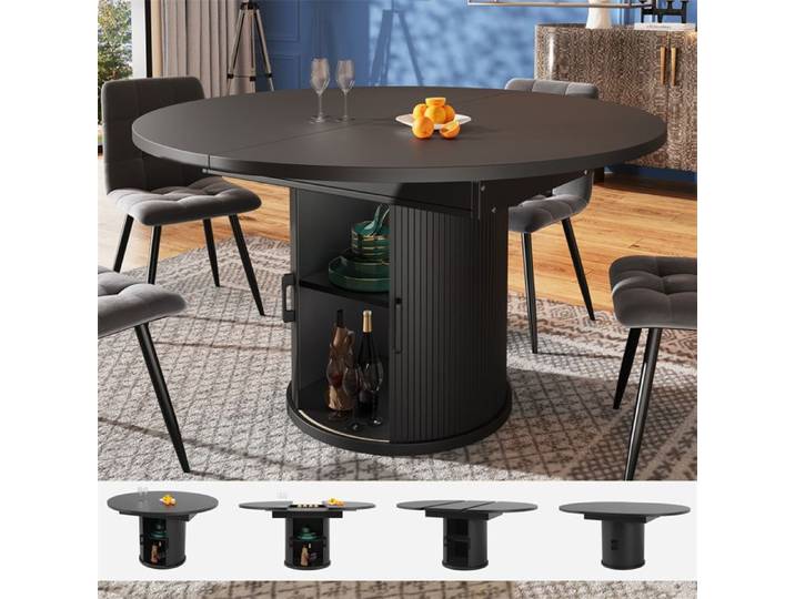 Table Ovale Salle à Manger Table Ronde Extensible Noir Table a Manger Ronde Extensible 6 Personnes Rangement Plateau Modulable