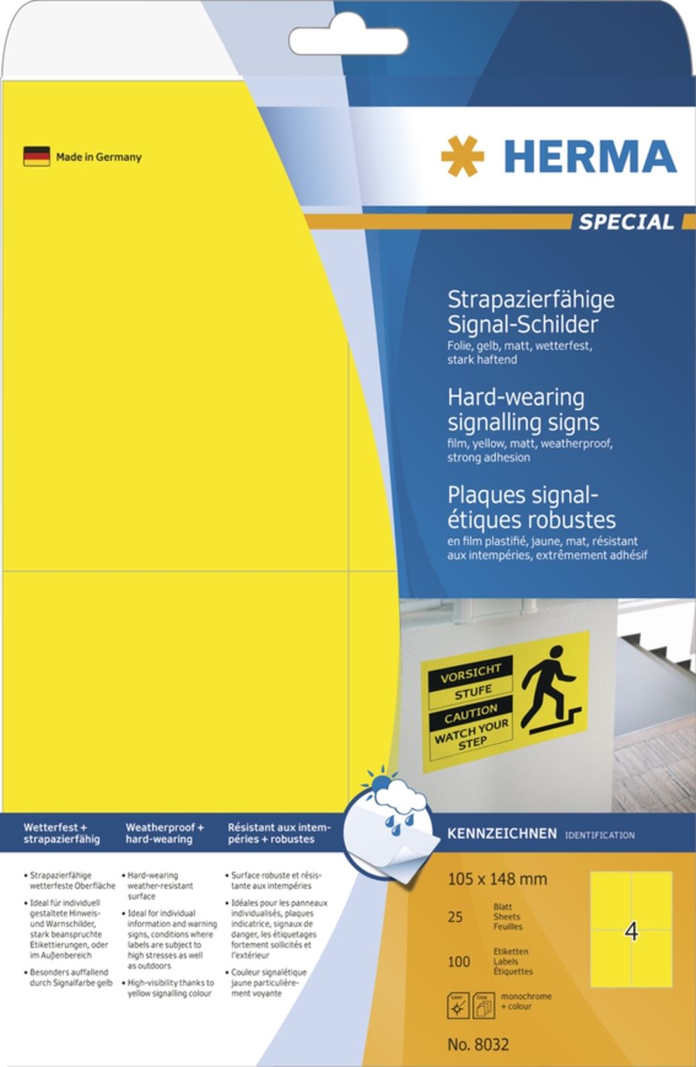 Herma 8032 strapazierfähig gelb Signal-Schilder 10.5x14.8 cm (25 Blatt (100 Etiketten))