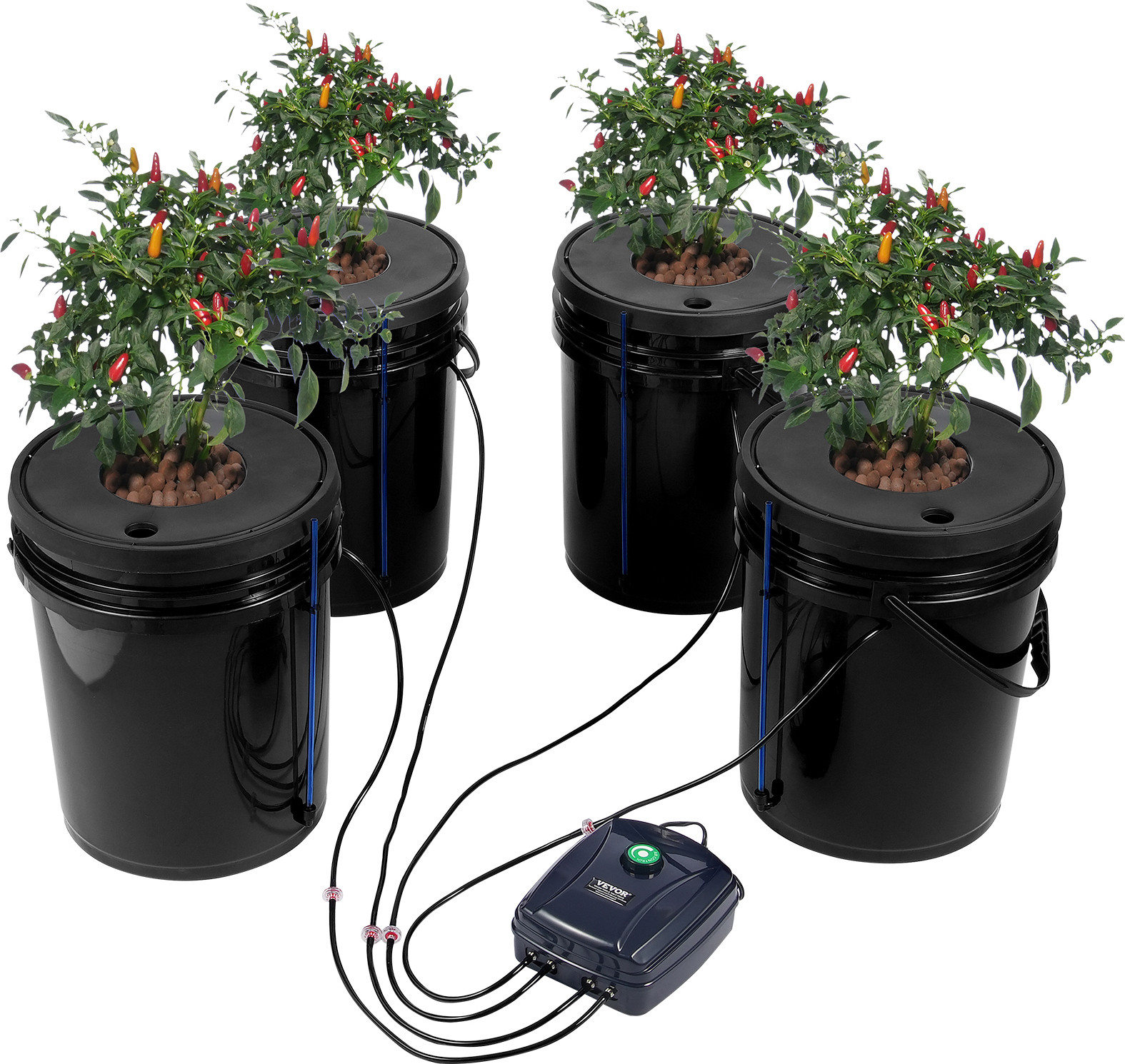 VEVOR DWC Hydrocultuur systeem met 4 emmers van 19 liter, inclusief luchtpomp, luchtstenen en waterniveau-indicator, geschikt voor bladgroenten