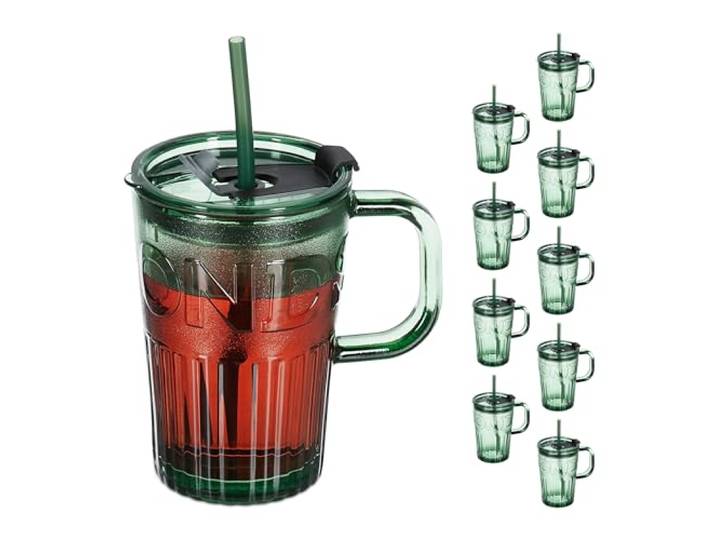 Relaxdays Jarre avec paille\, couvercle et anse\, lot pratique de 10\, volume : 450 ml\, pour votre smoothie\, verte