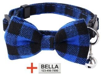 Uplift Essentials Personalized Plaid Breakaway Safety Cat Collar blue Bowtie