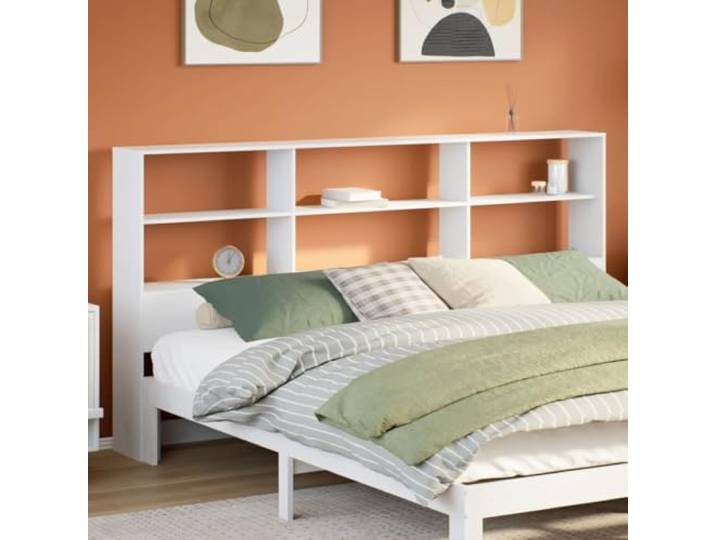 Bettbett Kopfteil mit Einlegeböden weiß 180 cm aus massivem Kiefernholz, freistehend 6 Ablagefächer, platzsparend durch den Austausch der Seitenschränke, ideale Schlafzimmer.