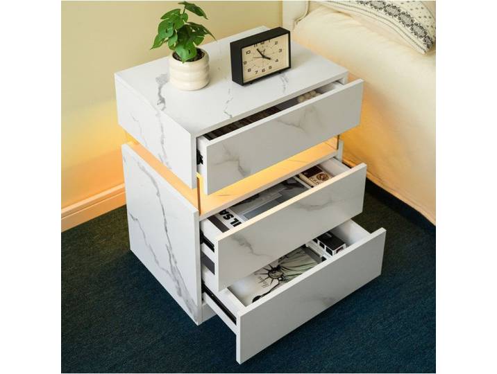 MEULVA Table de chevet LED 3 tiroirs panneau acrylique bois d'ingénierie blanc effet marbre RGB