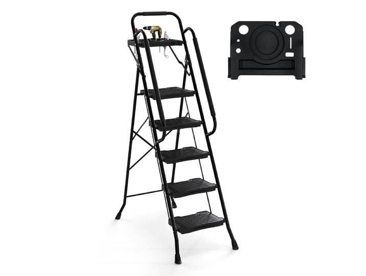 5 treden Ladder met Gereedschapshouder Vouwbare Opstapladder tot 150 kg Belastbaar Vouwladder Staand Ladders
