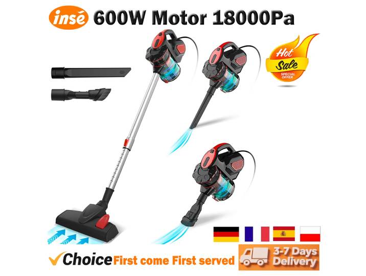 INSE – aspirateur filaire I5, 600W, 18000Pa, puissants filtres HEPA 2 en 1, bâton portatif pour le nettoyage des cheveux des tapis et des animaux domestiques