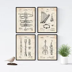 POSTER Set mit 4 Jahrgang Orchester Instrumenten Patenten A4 Schwarzer Rahmen