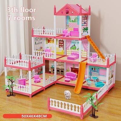 Multicon Wholesale Hub Assembly DIY Toy House, Villa Princess Castle LED Lights For Girl Birthday Gifts 7 rooms pink
