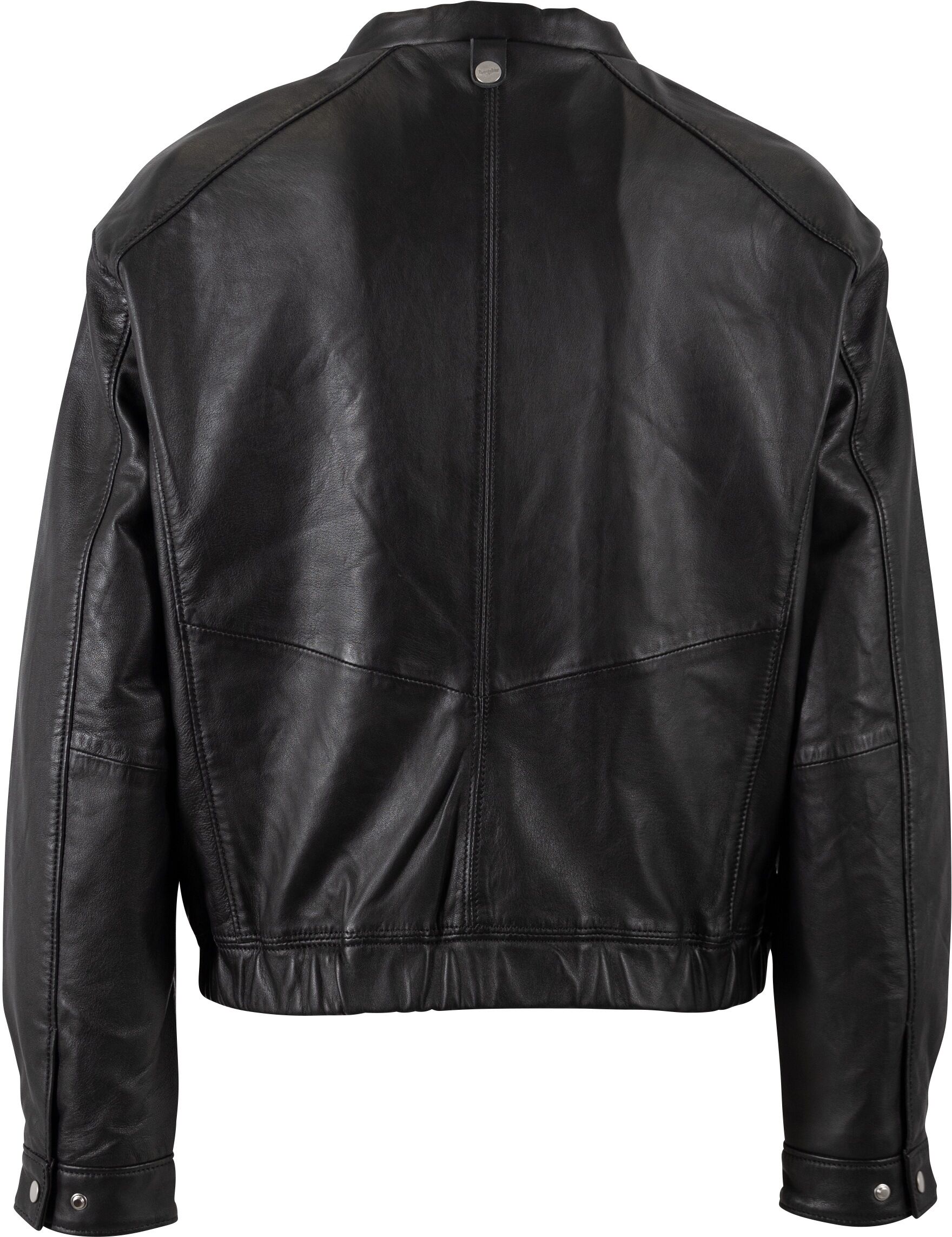 Lederjacke MAURITIUS "MWThilda", Damen, Gr. XL (42), schwarz, Obermaterial: 100% Schafsleder. Futter: 100% Baumwolle. Ärmelfutter: 100% Polyester, unifarben, oversize hüftbedeckend, angesetztes Bündchen mit Druckknopf,mit Schlitz, Jacken Lederjacke, Bombe