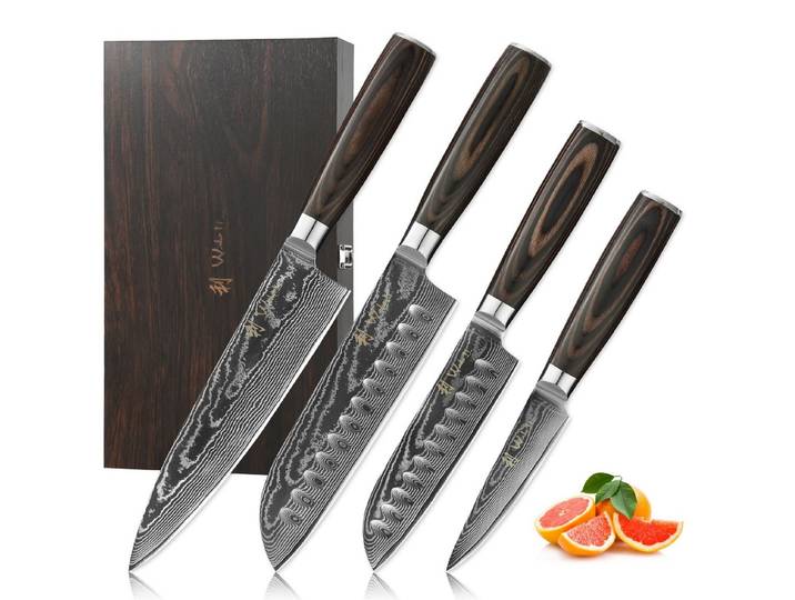 Wakoli Messer-Set EDIB Essentials 4er Damastmesser-Set Küchenmesser Kochmesser (Damastmesser mit Geschenkbox, 4-tlg., 4er Damastmesser-Set), VG10 Kern, 67 Lagen Damaststahl, Pakkaholzgriff, inkl. Geschenkbox