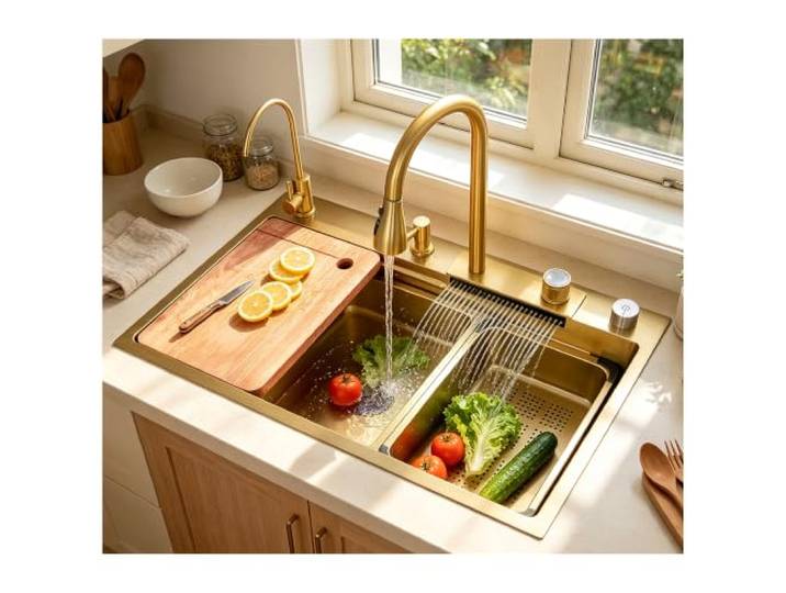 Goldene Küchenspüle 75cm, küchenwaschbecken edelstahl, spüle Mit Verstellbarem Ausziehbarem Wasserhahn, spülbecken küche komplett set, einbau Spüle Wasserfall-multifunktionsspüle Küche