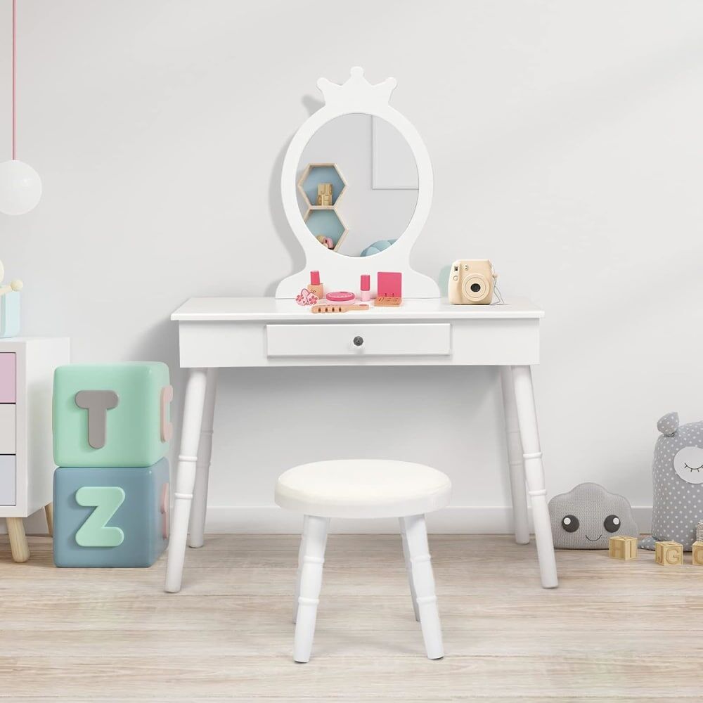 Giantex Coiffeuse pour enfants avec tabouret Blanc 70x101x34cm