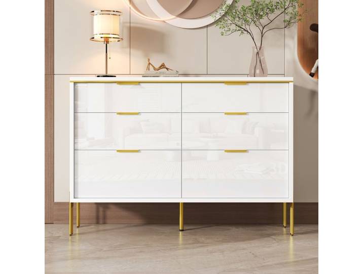 Buffet de cuisine - DREAMMESPACE - 120x40x85 5 cm - 6 tiroirs - Blanc - Design contemporain