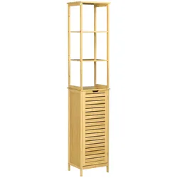 MODFU Badschrank Hochschrank Bambus Naturholz 34x30x173 cm mit 3 offenen Fächern und Schrankfach Lamellentür Grifföffnung Kippschutz