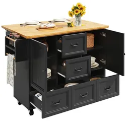 OKWISH Kücheninsel Küchenwagen 93x140x73 cm Schwarz, klappbare Tischplatte mit Rollen, 5 Schubladen, 2 Türen, verstellbare Einlegeböden, Handtuchhalter